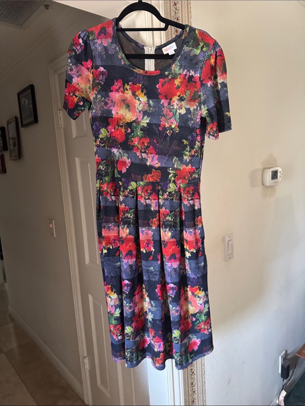 LuLaRoe Amelia Navy Floral Midi Dress with Bright Pink, Red and Green Blooms